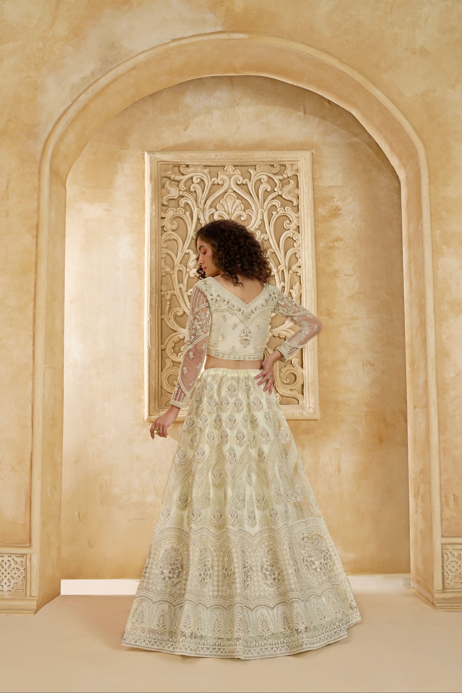 Ivory Net Lehenga Choli with Heavy Embroidery &amp; Stonework