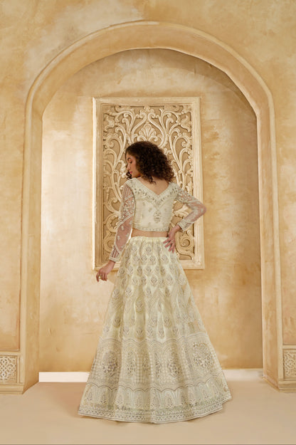 Ivory Net Lehenga Choli with Heavy Embroidery &amp; Stonework