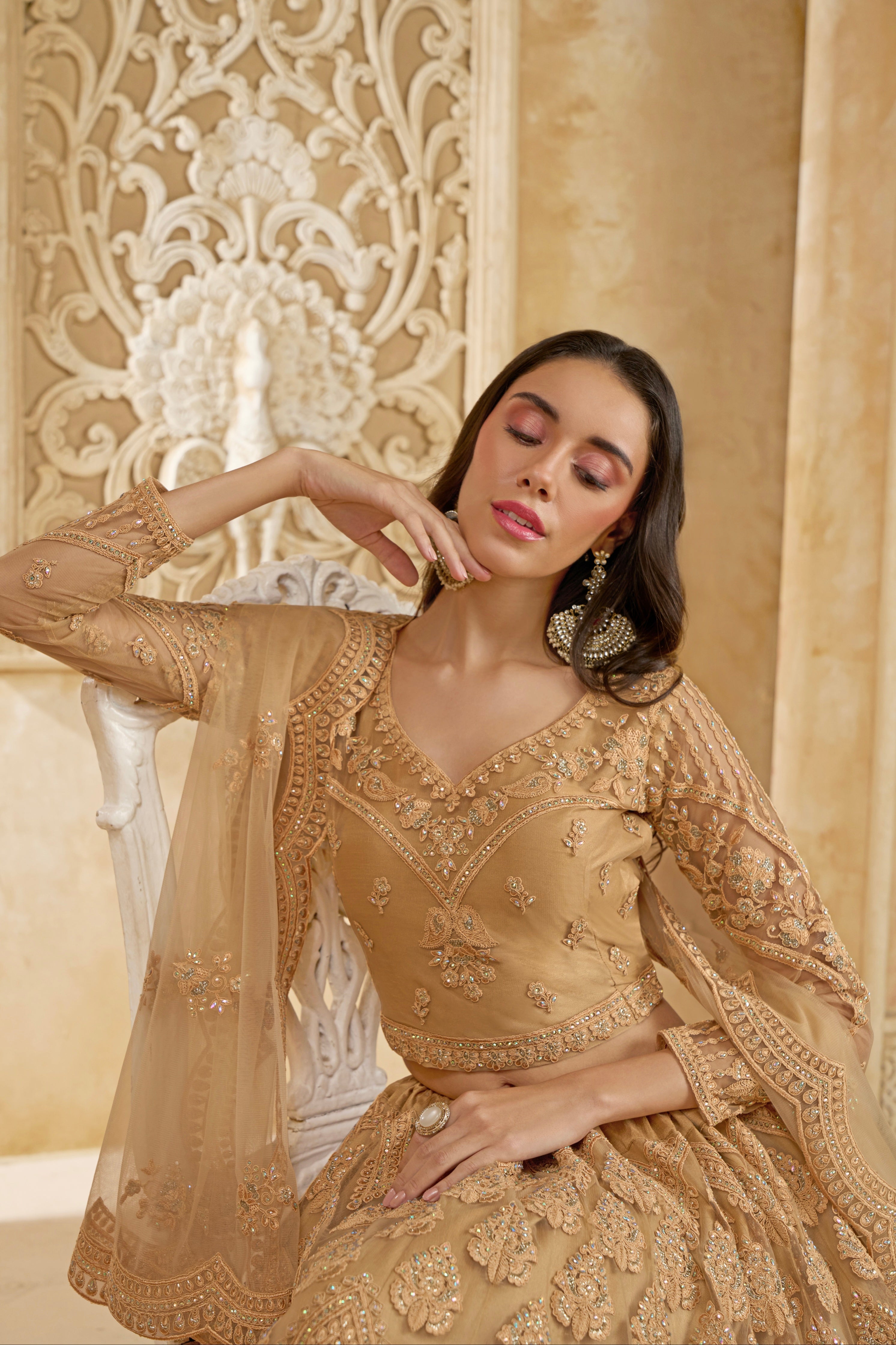 Golden Net Embroidered Lehenga with Cording Work &amp; Stones