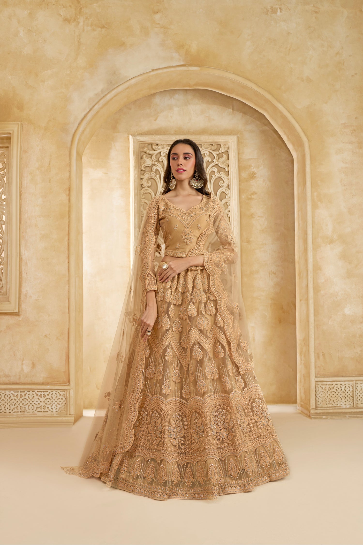 Golden Net Embroidered Lehenga with Cording Work &amp; Stones