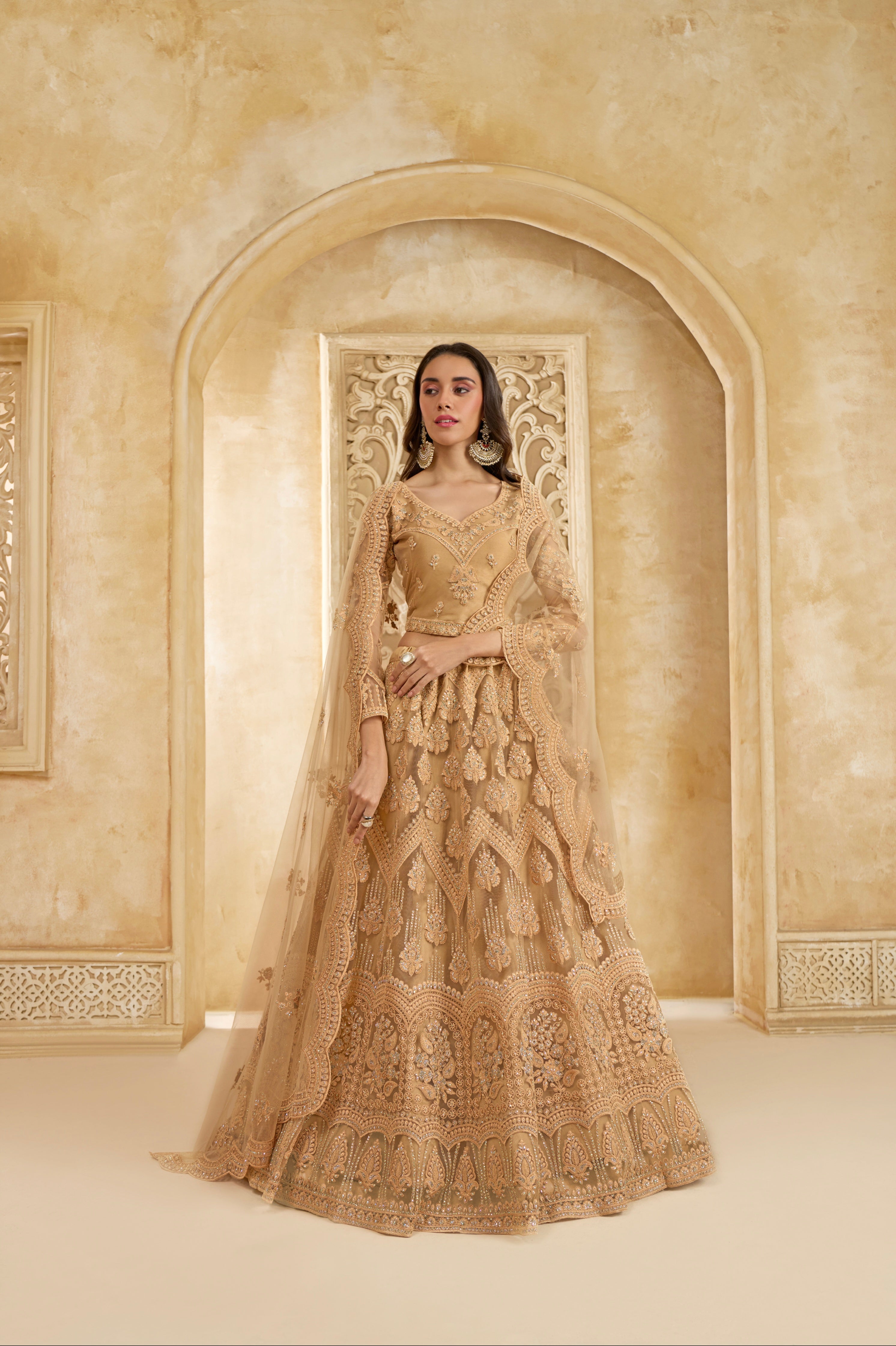 Golden Net Embroidered Lehenga with Cording Work &amp; Stones