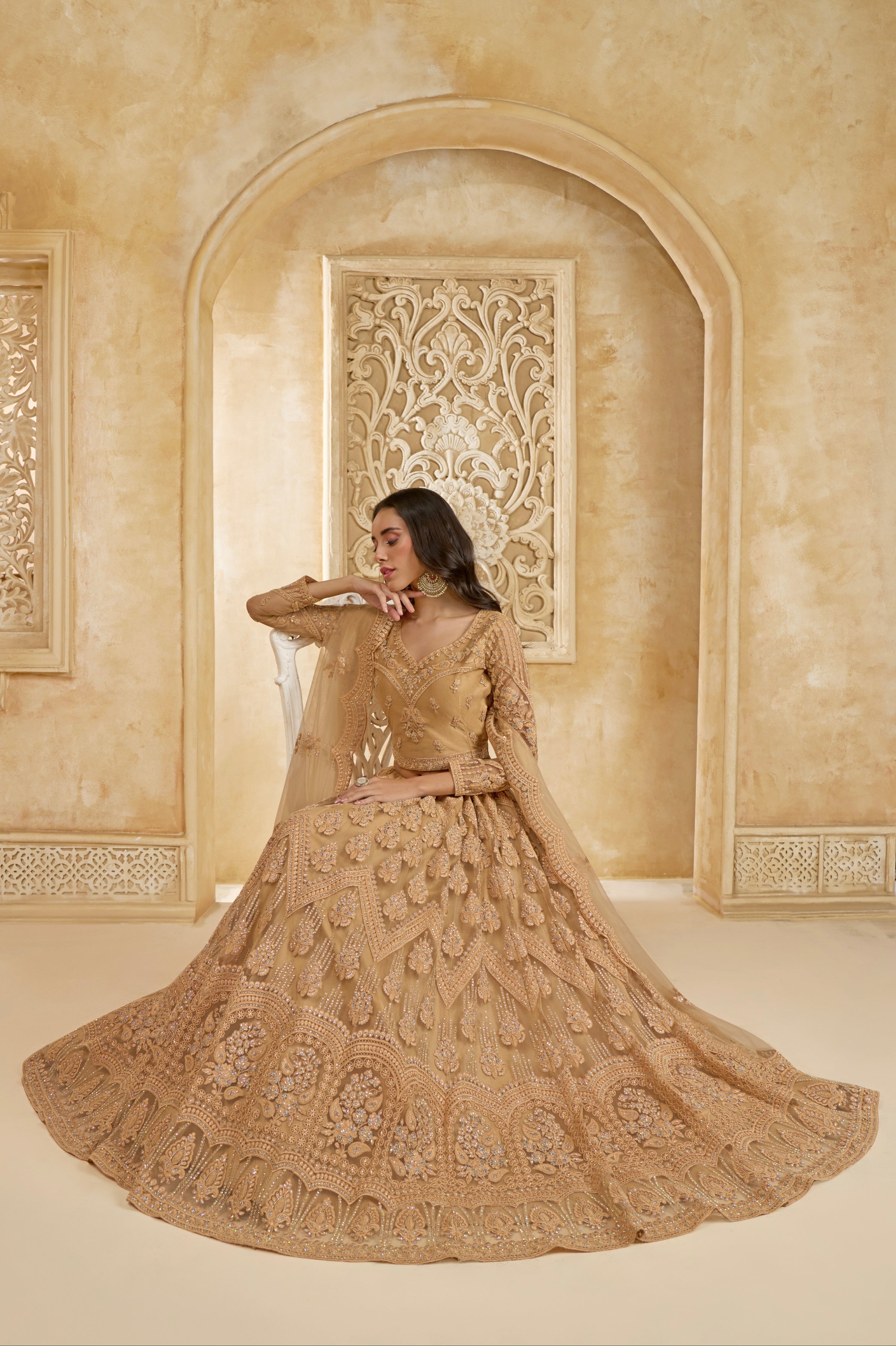 Golden Net Embroidered Lehenga with Cording Work &amp; Stones