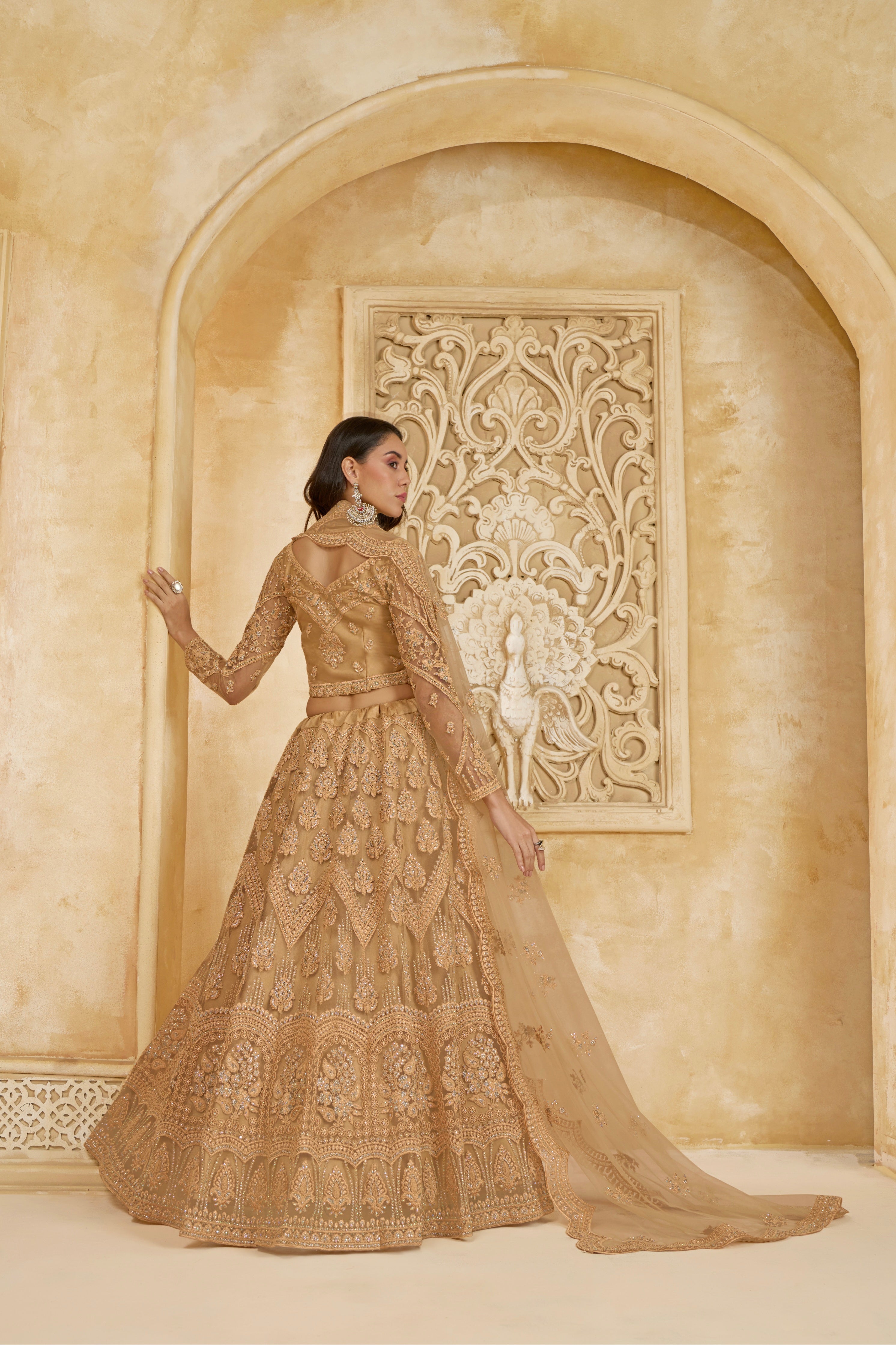 Golden Net Embroidered Lehenga with Cording Work &amp; Stones