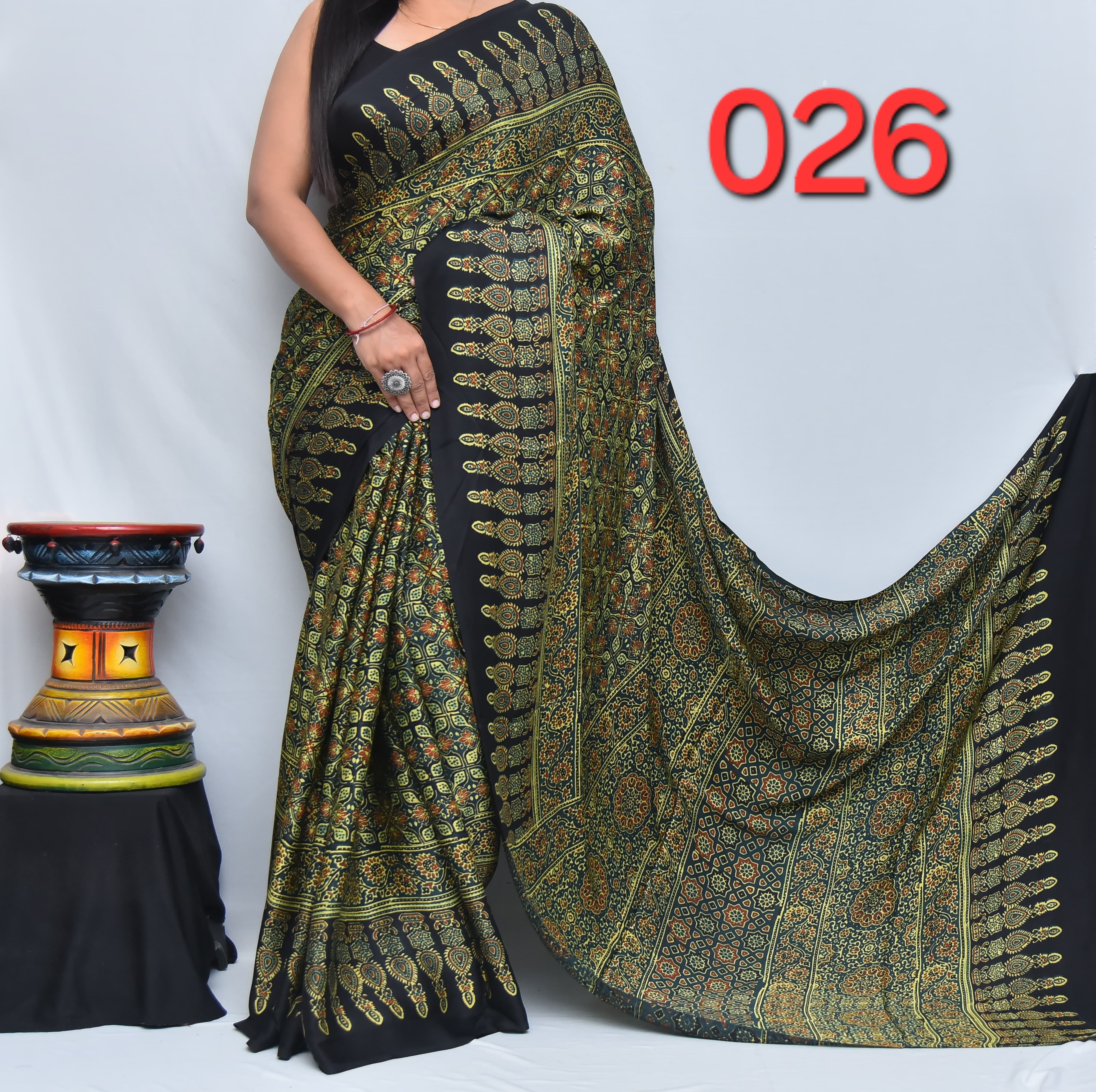 Women's Designer Party Wear Aajrkh Modal Silk Vegetable Hand Block Printed Saree