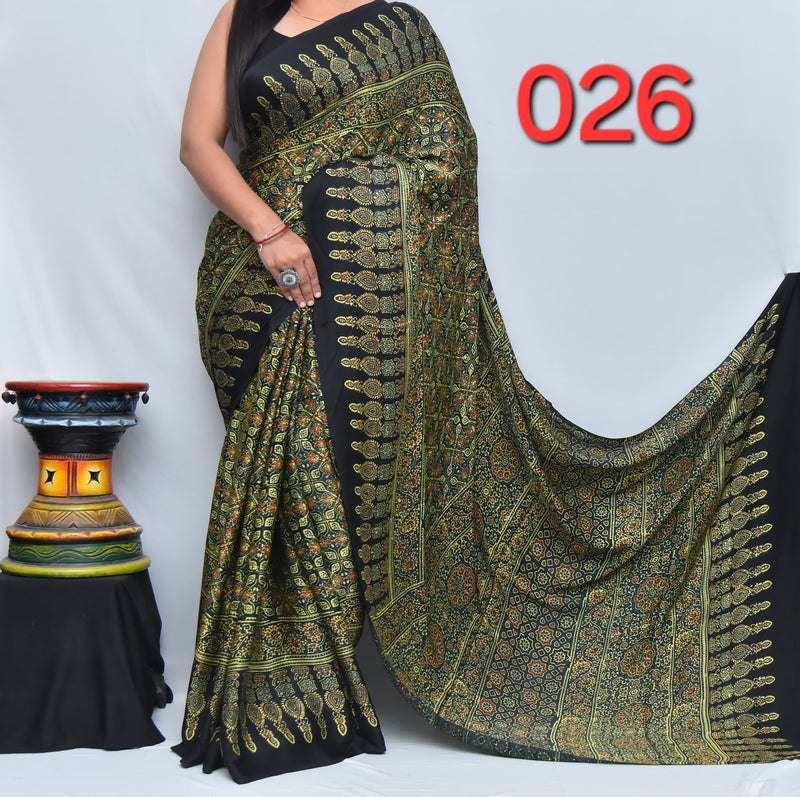 Women's Designer Party Wear Aajrkh Modal Silk Vegetable Hand Block Printed Saree