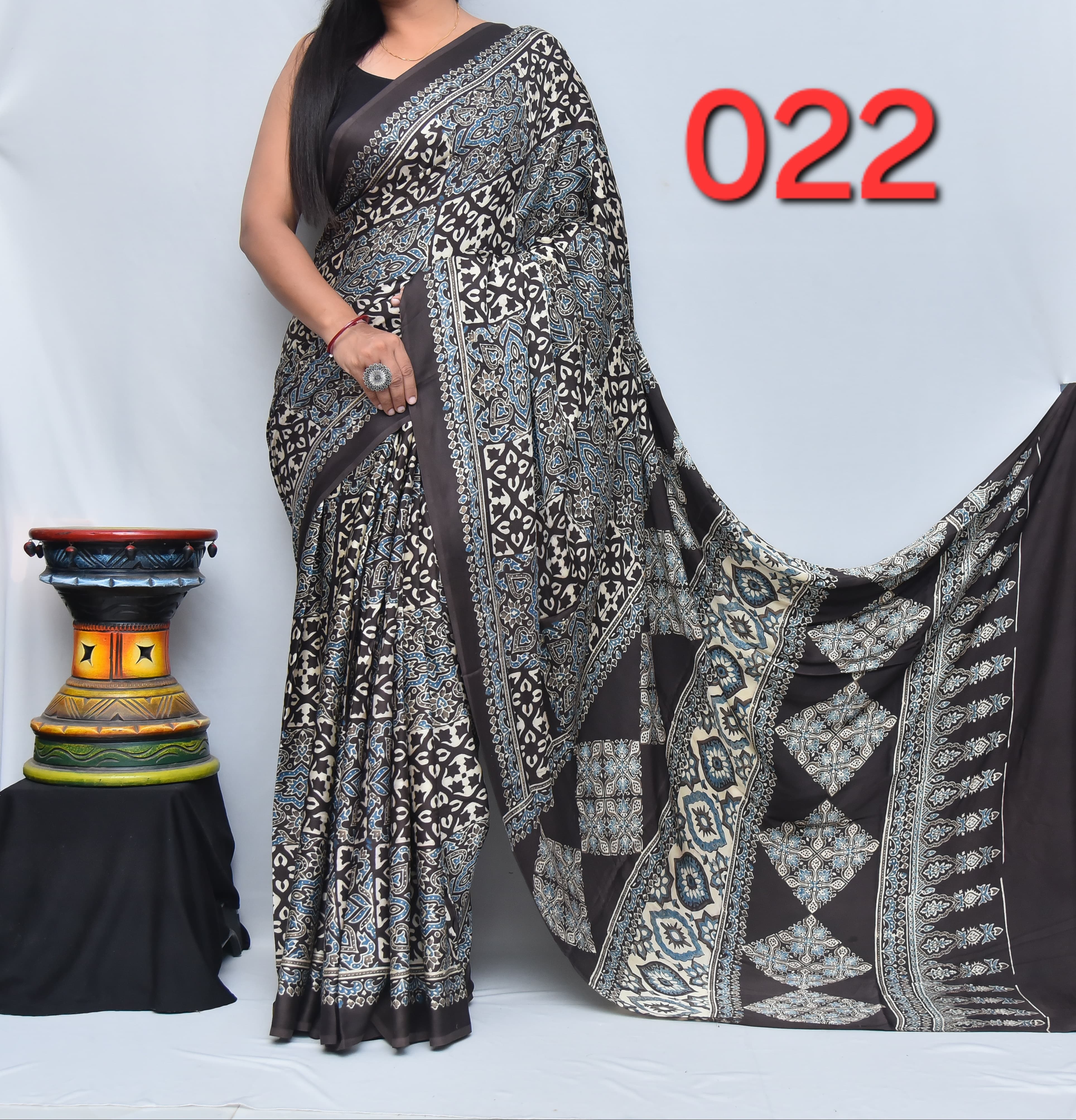 Women's Designer Party Wear Aajrkh Modal Silk Vegetable Hand Block Printed Saree