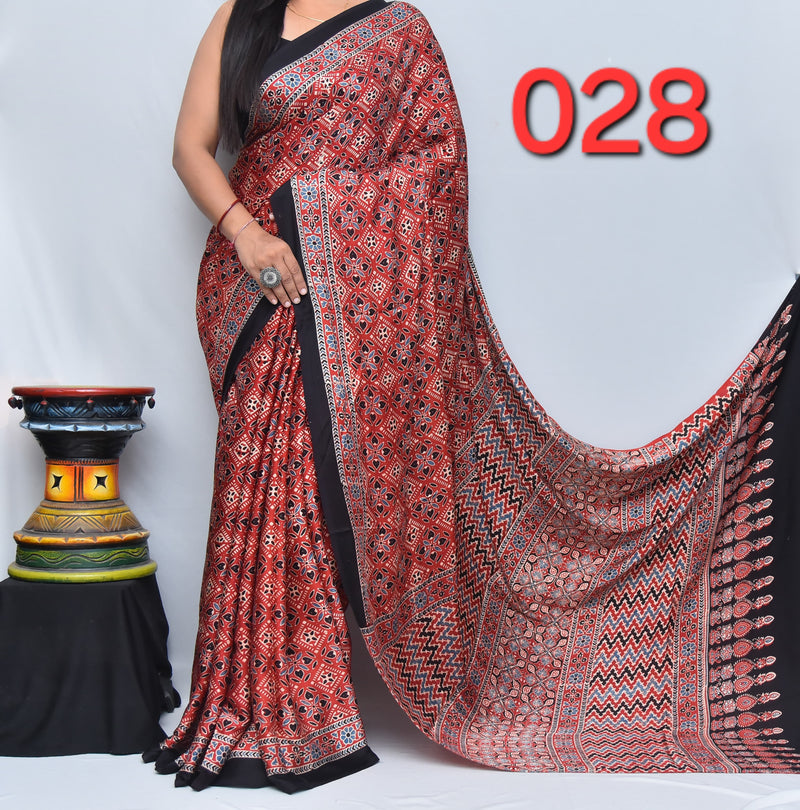 Women's Designer Party Wear Aajrkh Modal Silk Vegetable Hand Block Printed Saree