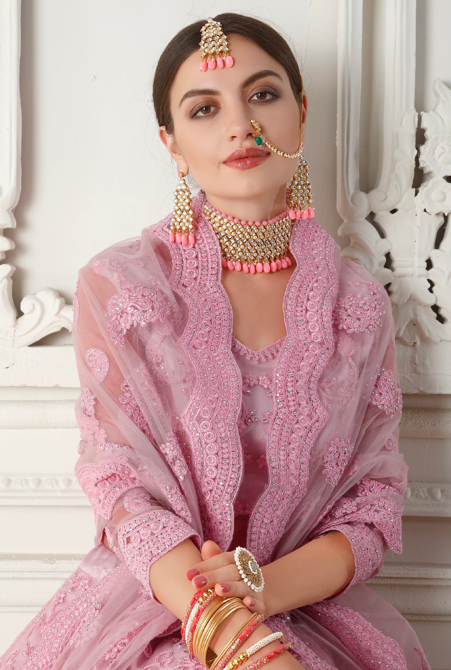 Dusty Pink Net Bridal Lehenga with Cording Embroidery &amp; Stone Work