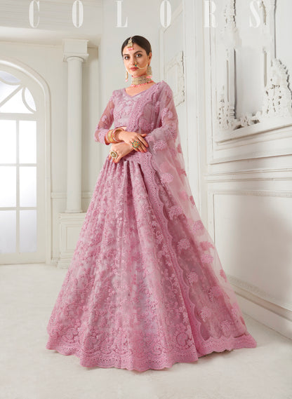 Dusty Pink Net Bridal Lehenga with Cording Embroidery &amp; Stone Work