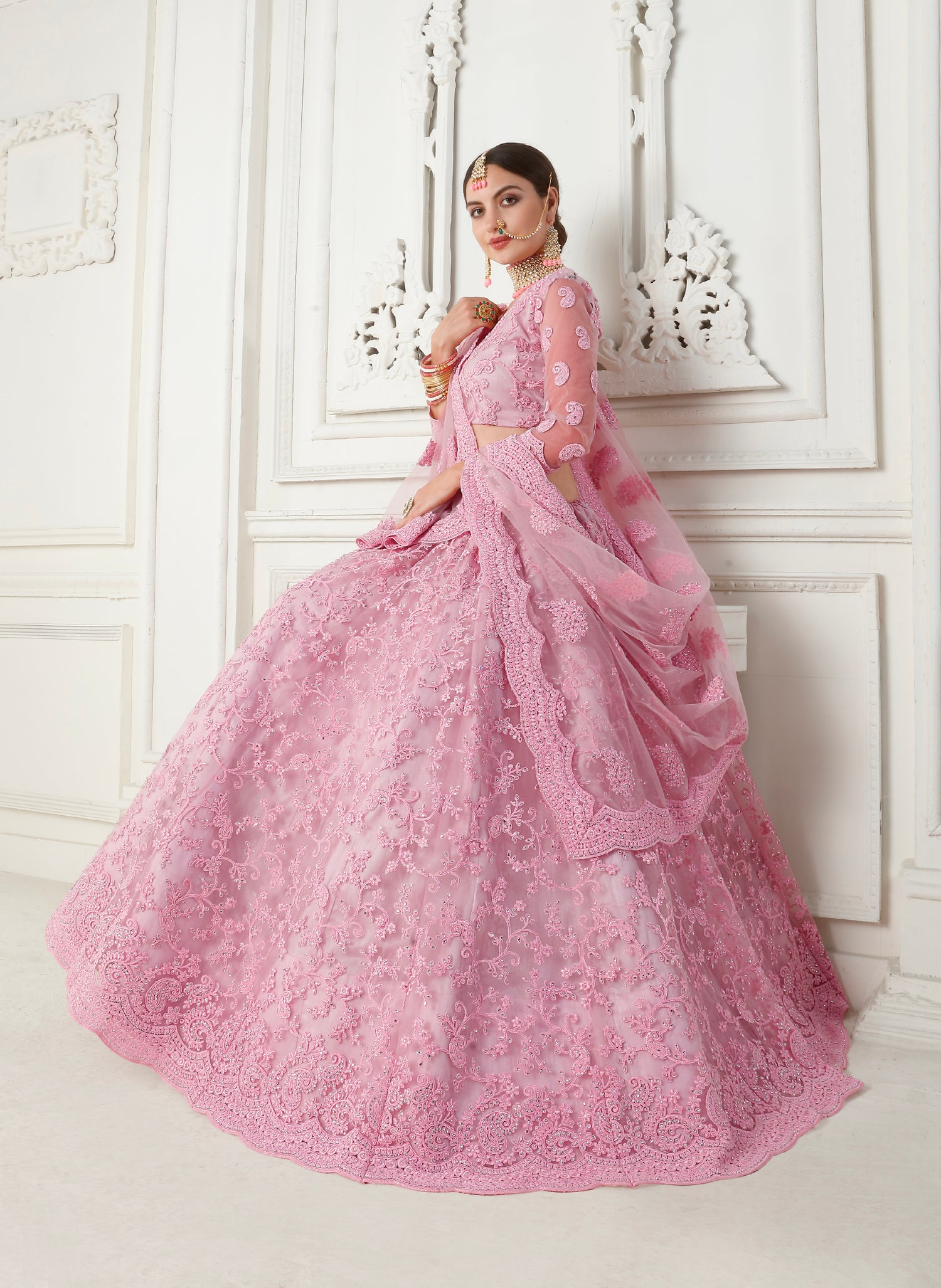 Dusty Pink Net Bridal Lehenga with Cording Embroidery &amp; Stone Work