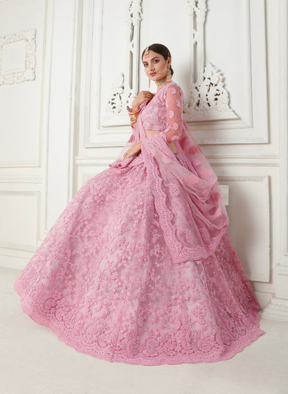 Dusty Pink Net Bridal Lehenga with Cording Embroidery &amp; Stone Work