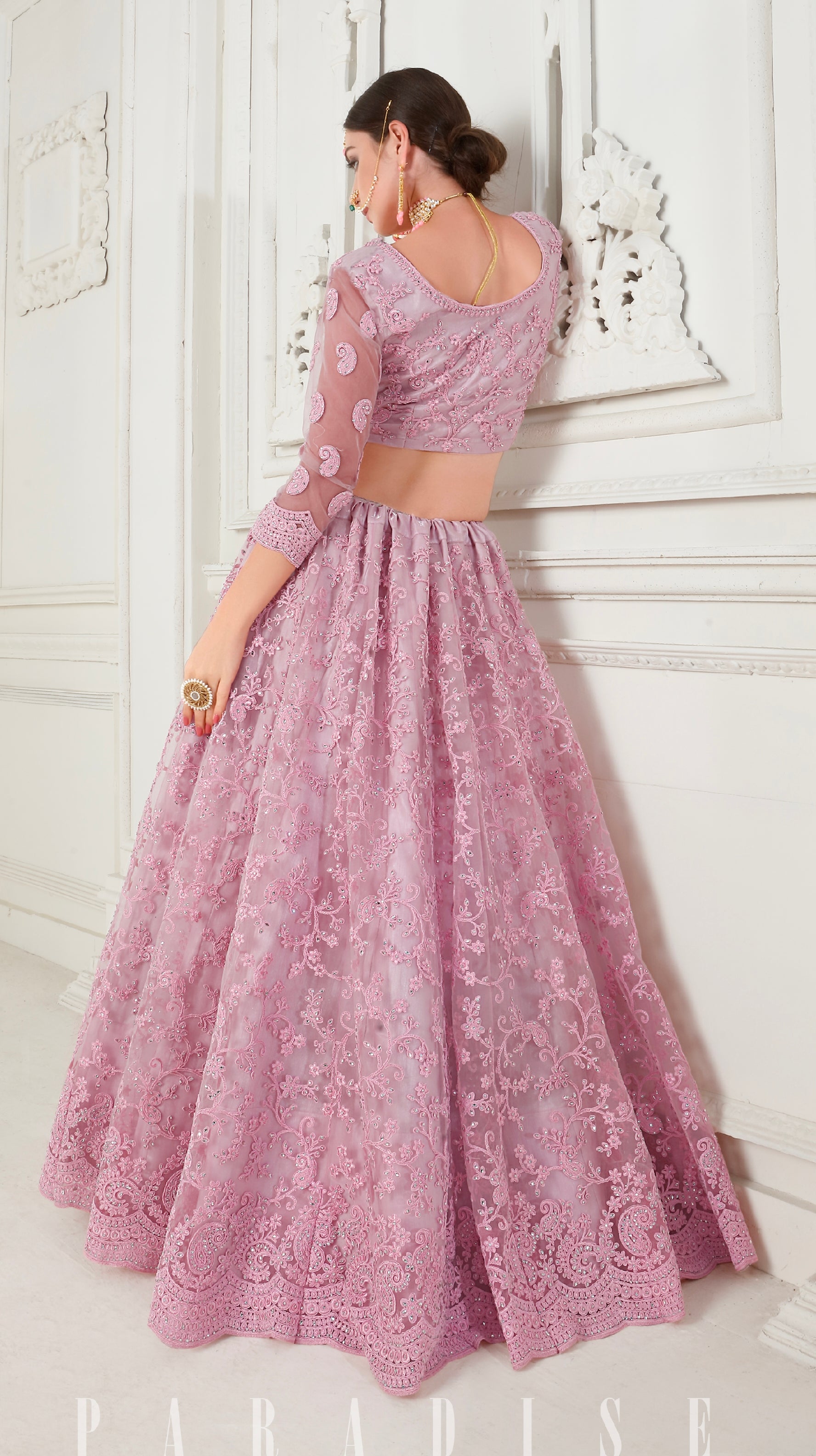 Dusty Pink Net Bridal Lehenga with Cording Embroidery &amp; Stone Work