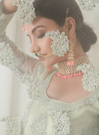 Green Net Lehenga with Intricate Cording Embroidery &amp; Stone Detailing