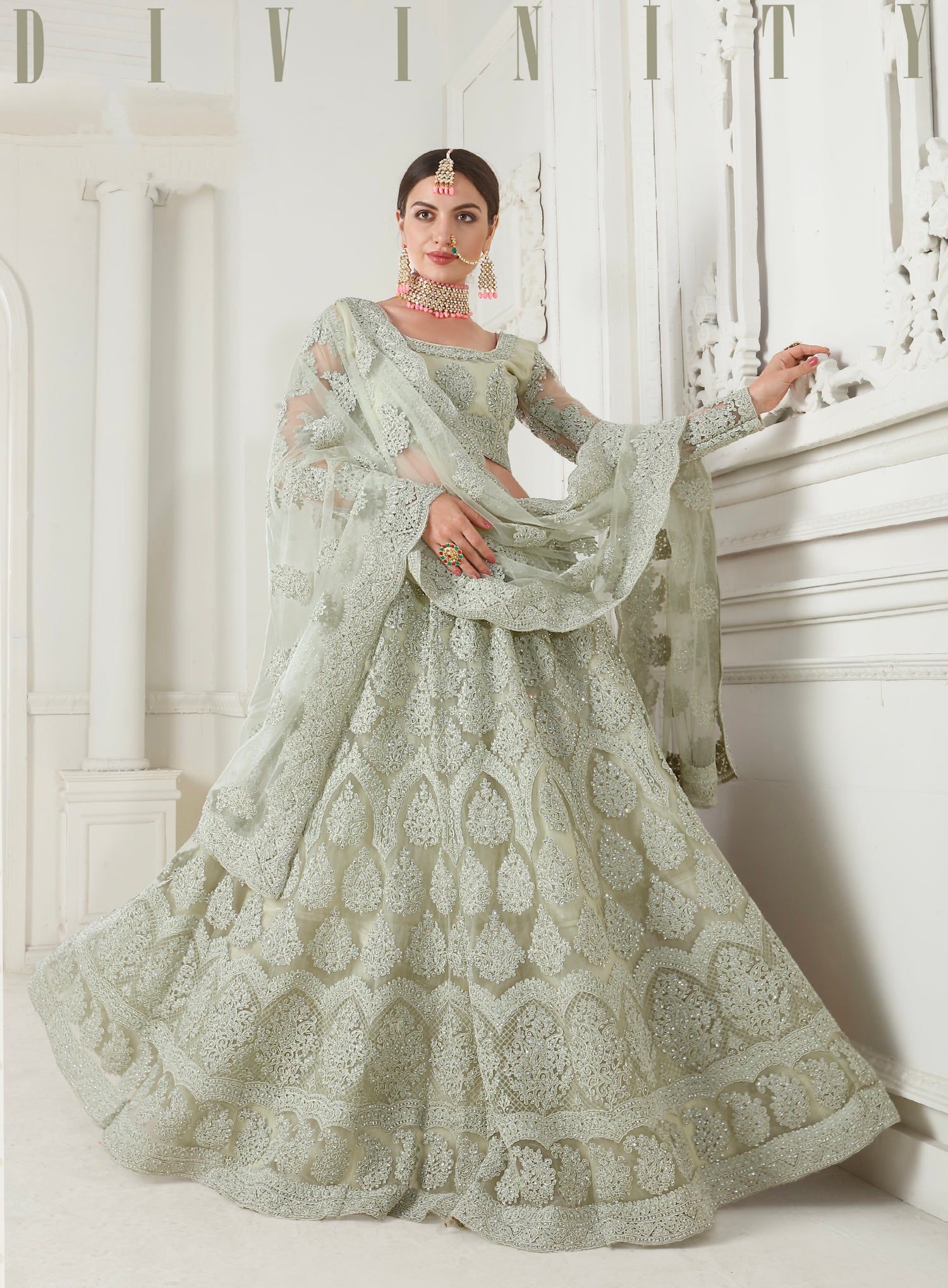 Green Net Lehenga with Intricate Cording Embroidery &amp; Stone Detailing