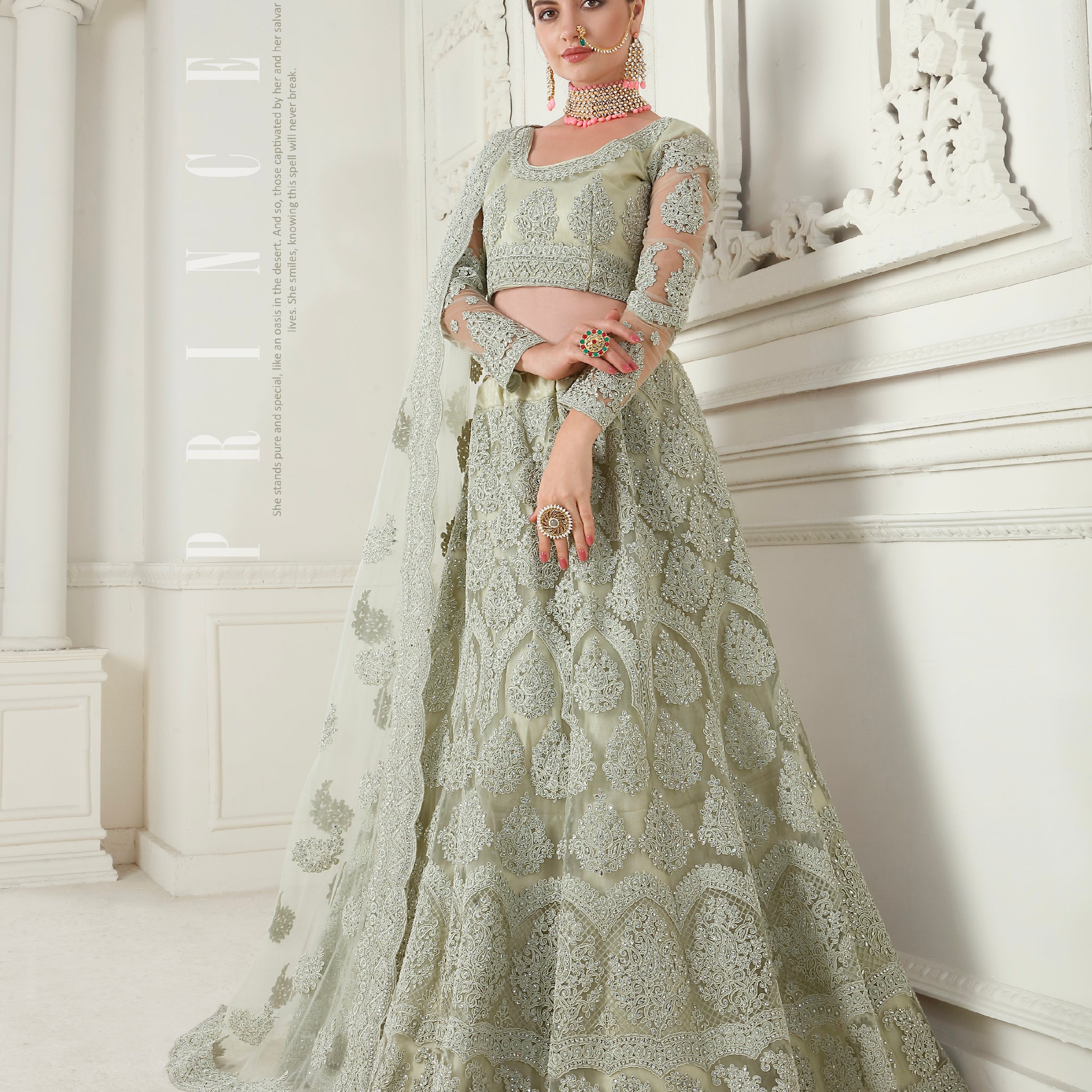 Green Net Lehenga with Intricate Cording Embroidery & Stone Detailing