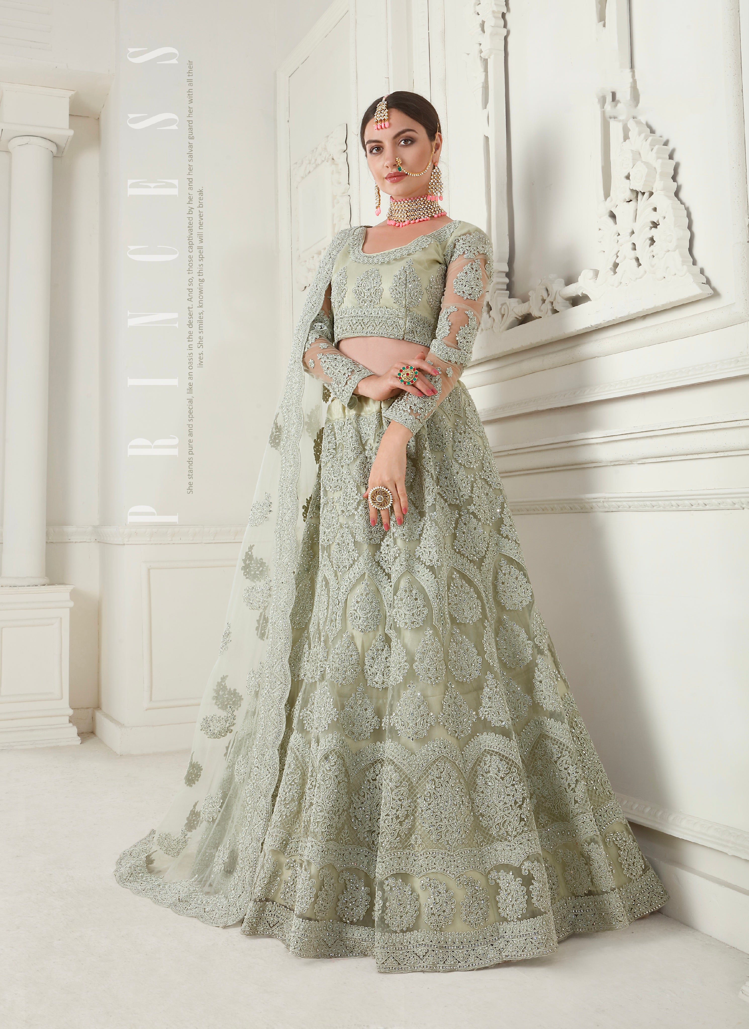 Green Net Lehenga with Intricate Cording Embroidery &amp; Stone Detailing