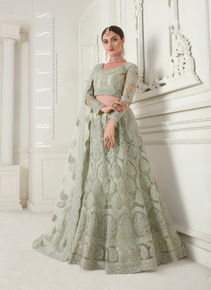 Green Net Lehenga with Intricate Cording Embroidery &amp; Stone Detailing