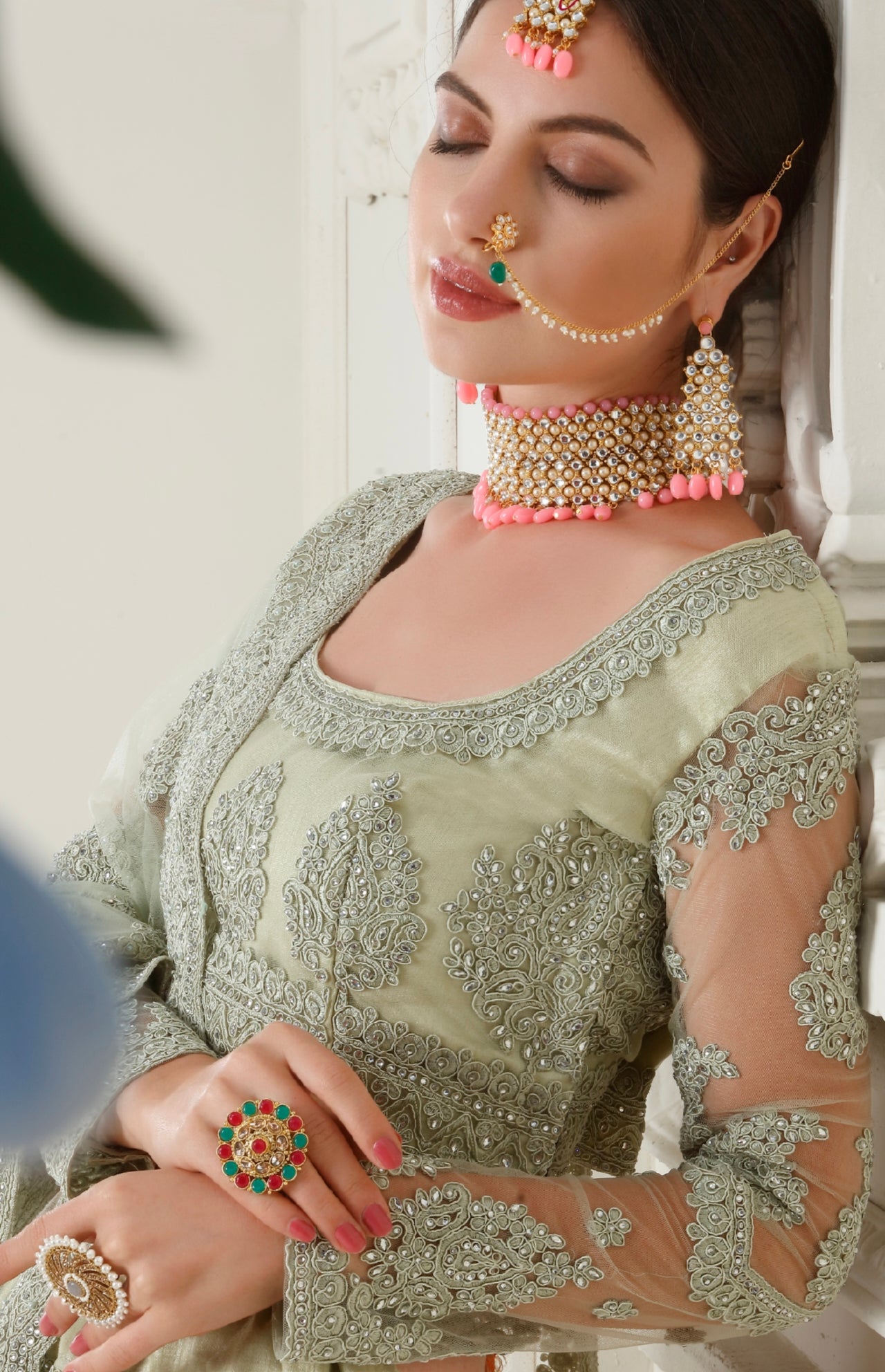 Green Net Lehenga with Intricate Cording Embroidery &amp; Stone Detailing