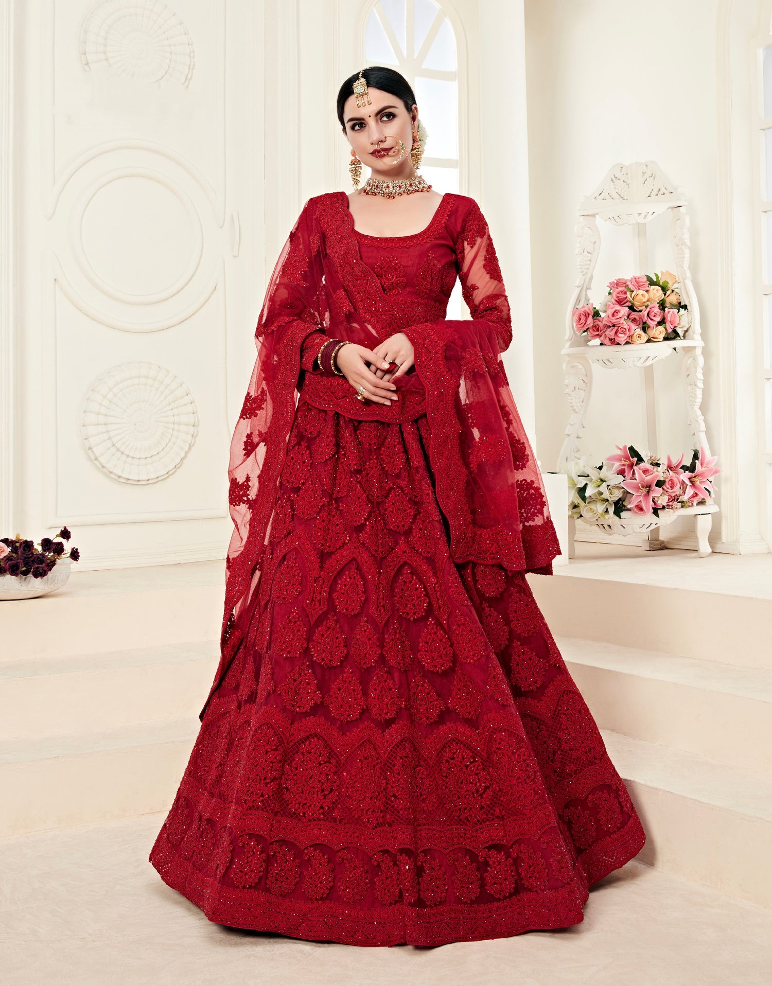 Red Net Lehenga with Heavy Cording Embroidery &amp; Sparkling Stone Work