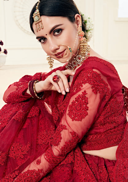 Red Net Lehenga with Heavy Cording Embroidery &amp; Sparkling Stone Work