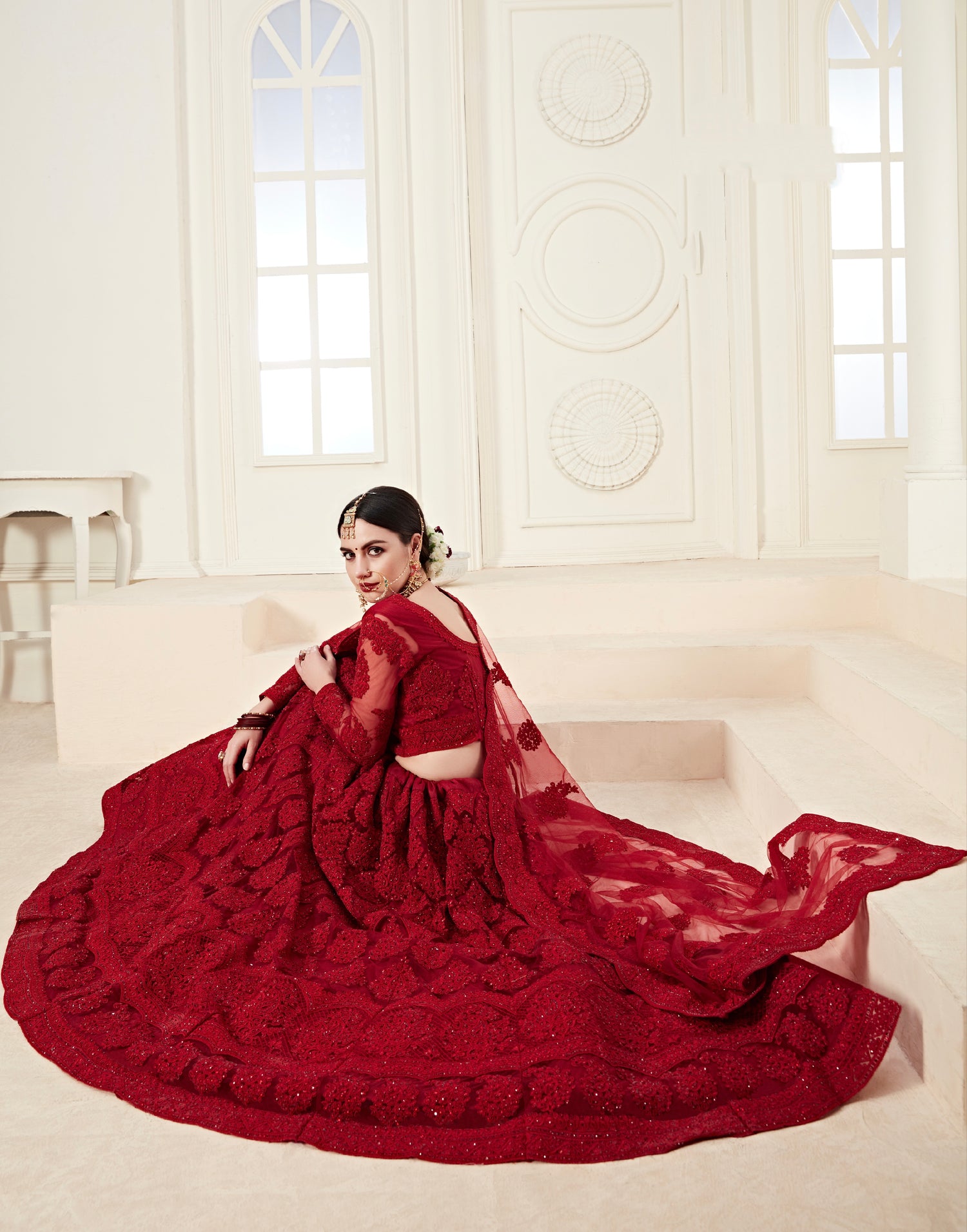 Red Net Lehenga with Heavy Cording Embroidery &amp; Sparkling Stone Work