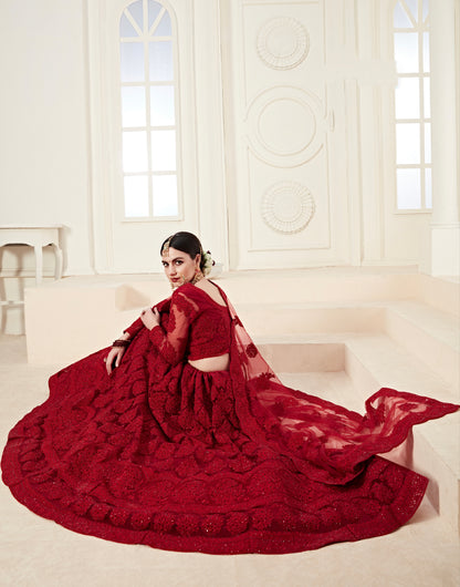 Red Net Lehenga with Heavy Cording Embroidery &amp; Sparkling Stone Work