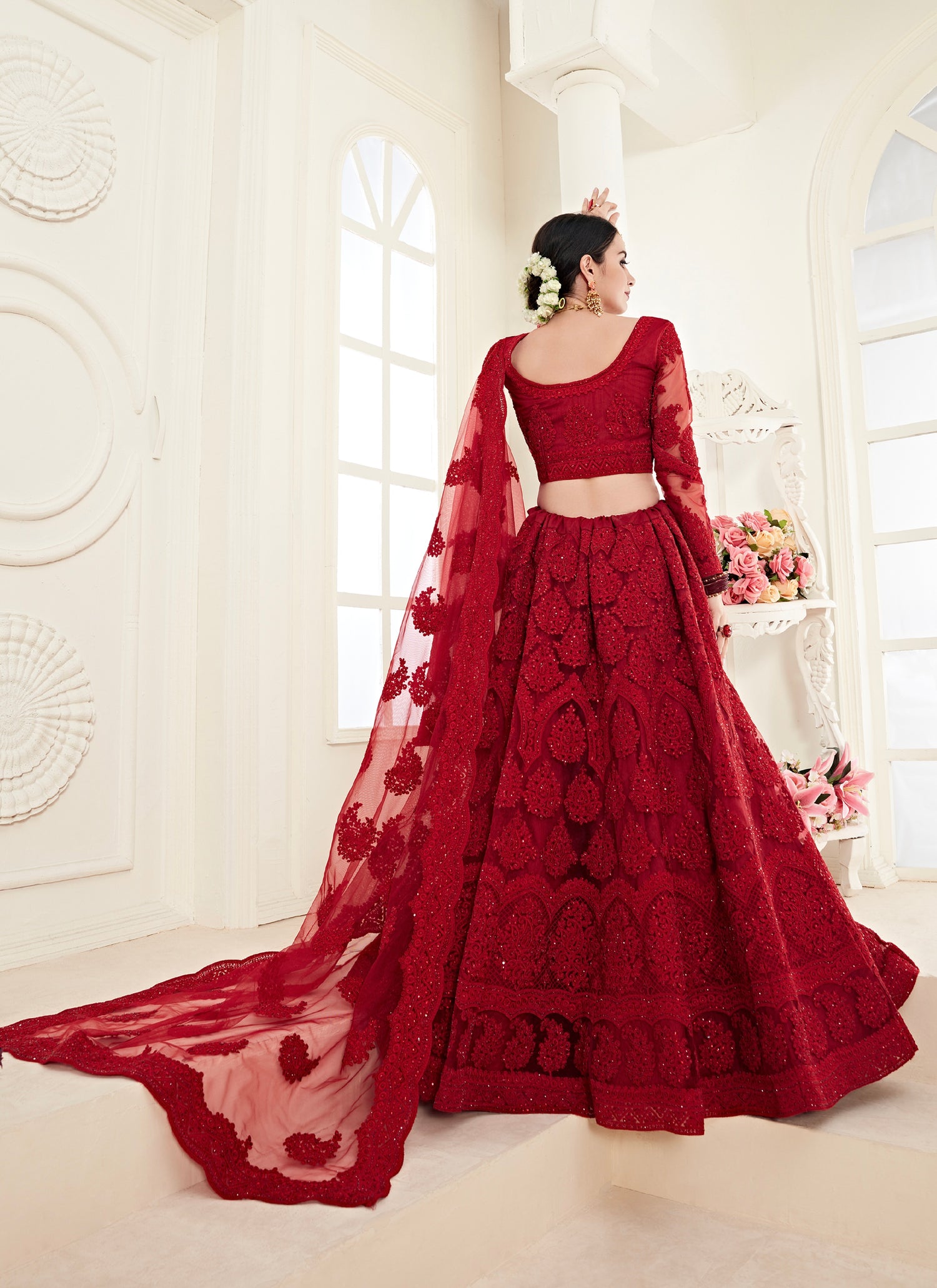Red Net Lehenga with Heavy Cording Embroidery &amp; Sparkling Stone Work
