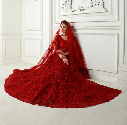 Red Net Lehenga with Heavy Cording Embroidery &amp; Stone Detailing