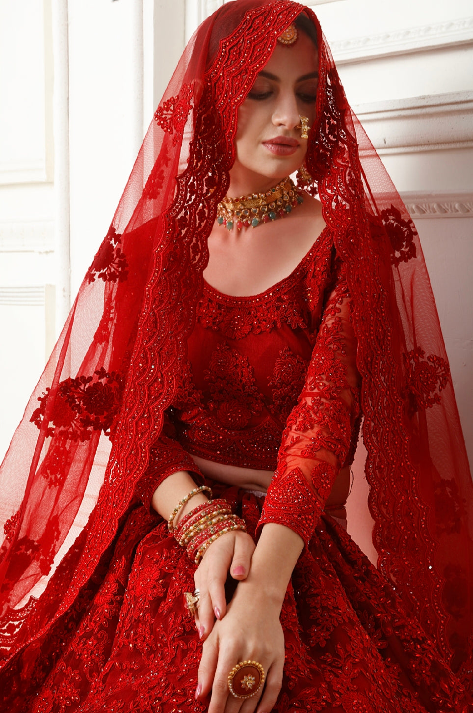 Red Net Lehenga with Heavy Cording Embroidery &amp; Stone Detailing