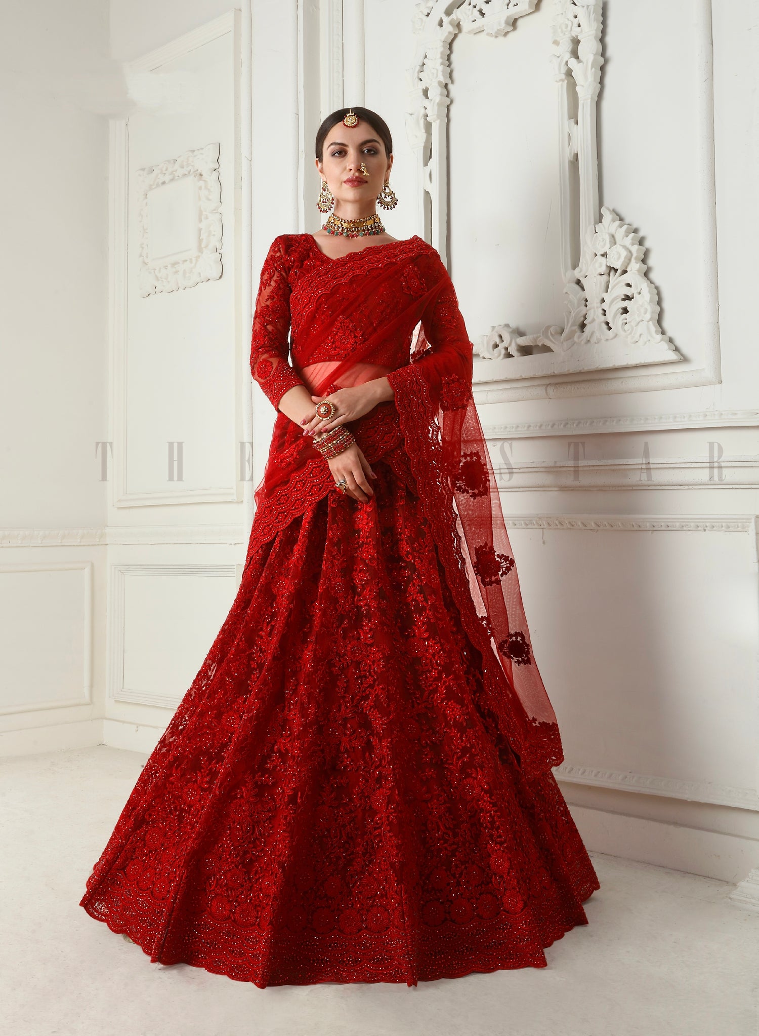 Red Net Lehenga with Heavy Cording Embroidery &amp; Stone Detailing