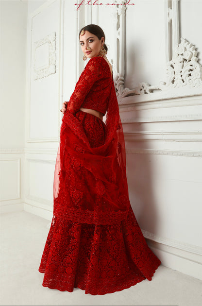 Red Net Lehenga with Heavy Cording Embroidery &amp; Stone Detailing