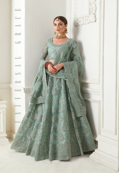 Mint Green Net Lehenga with Elegant Threadwork &amp; Stone Embellishments