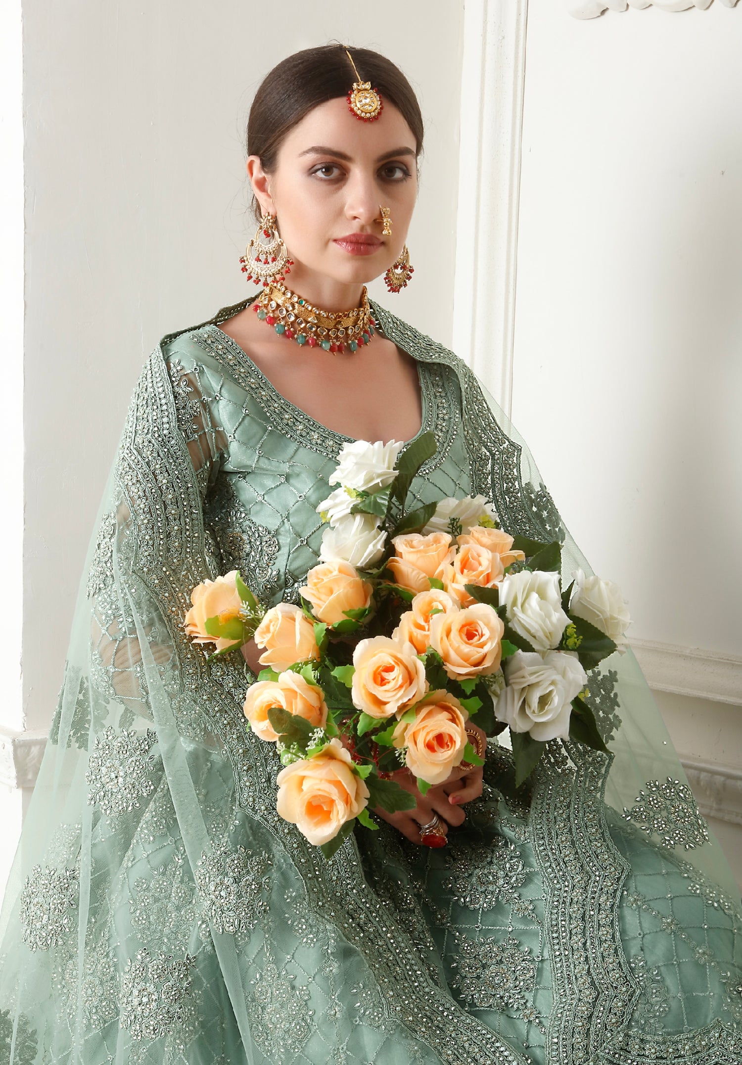 Mint Green Net Lehenga with Elegant Threadwork &amp; Stone Embellishments