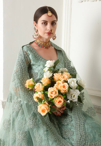 Mint Green Net Lehenga with Elegant Threadwork &amp; Stone Embellishments