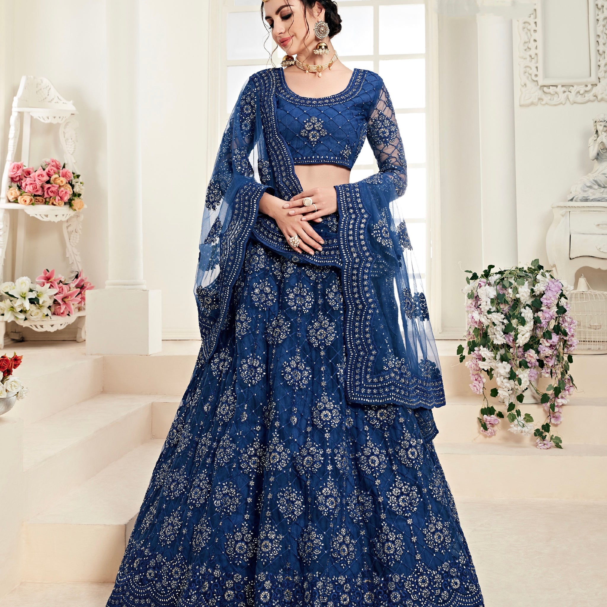 Royal Blue Net Lehenga with Exquisite Embroidery and Stone Detailing