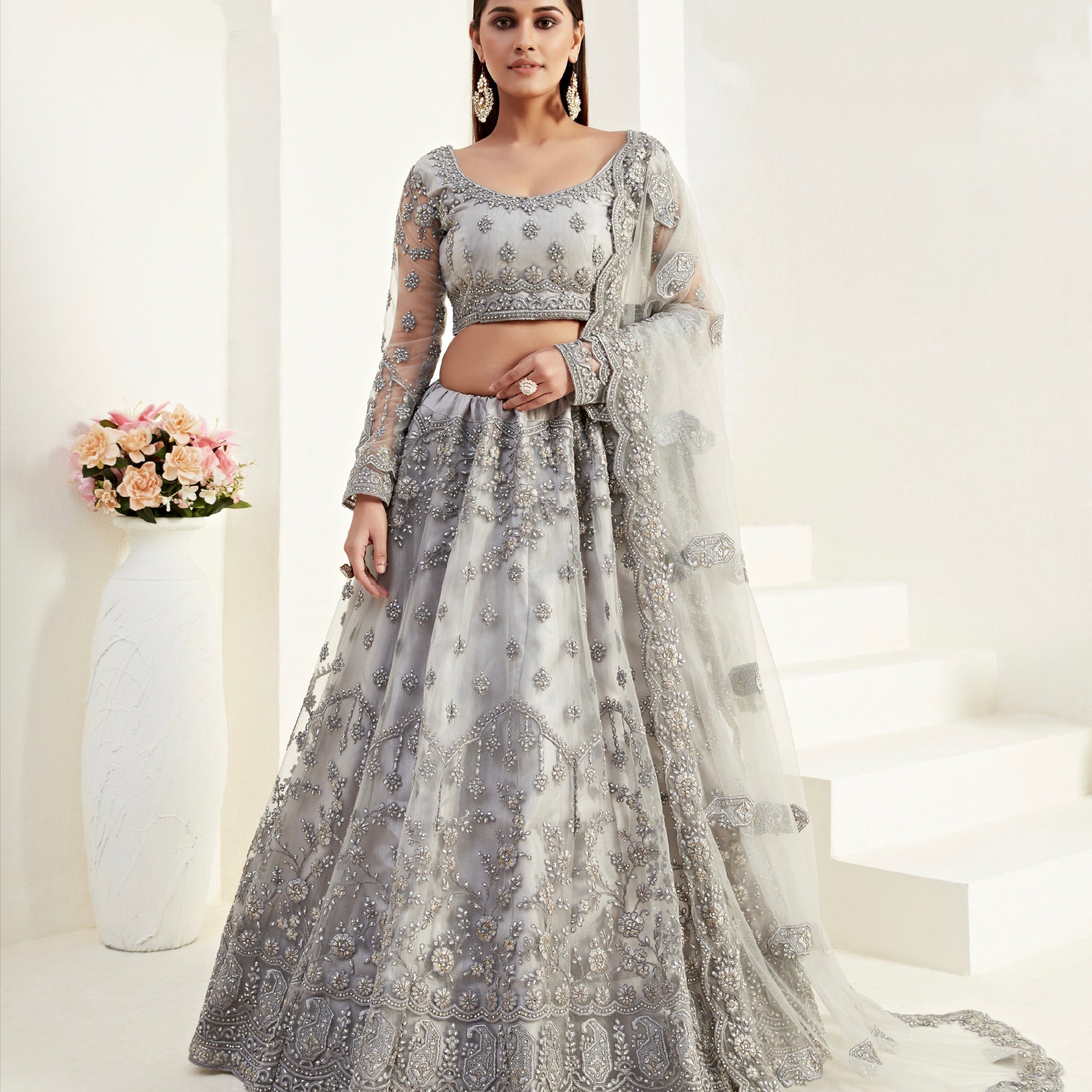 Grey Bridal Lehenga with Heavy Balda Embroidery and Cutwork Dupatta