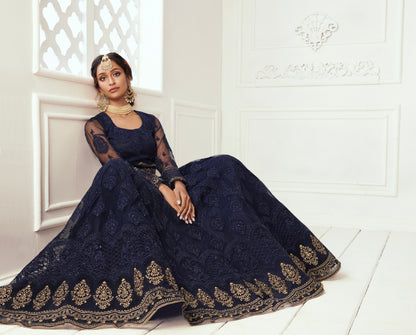 Deep Blue Net Lehenga Set with Zari Embroidery &amp; Heavy Can-Can