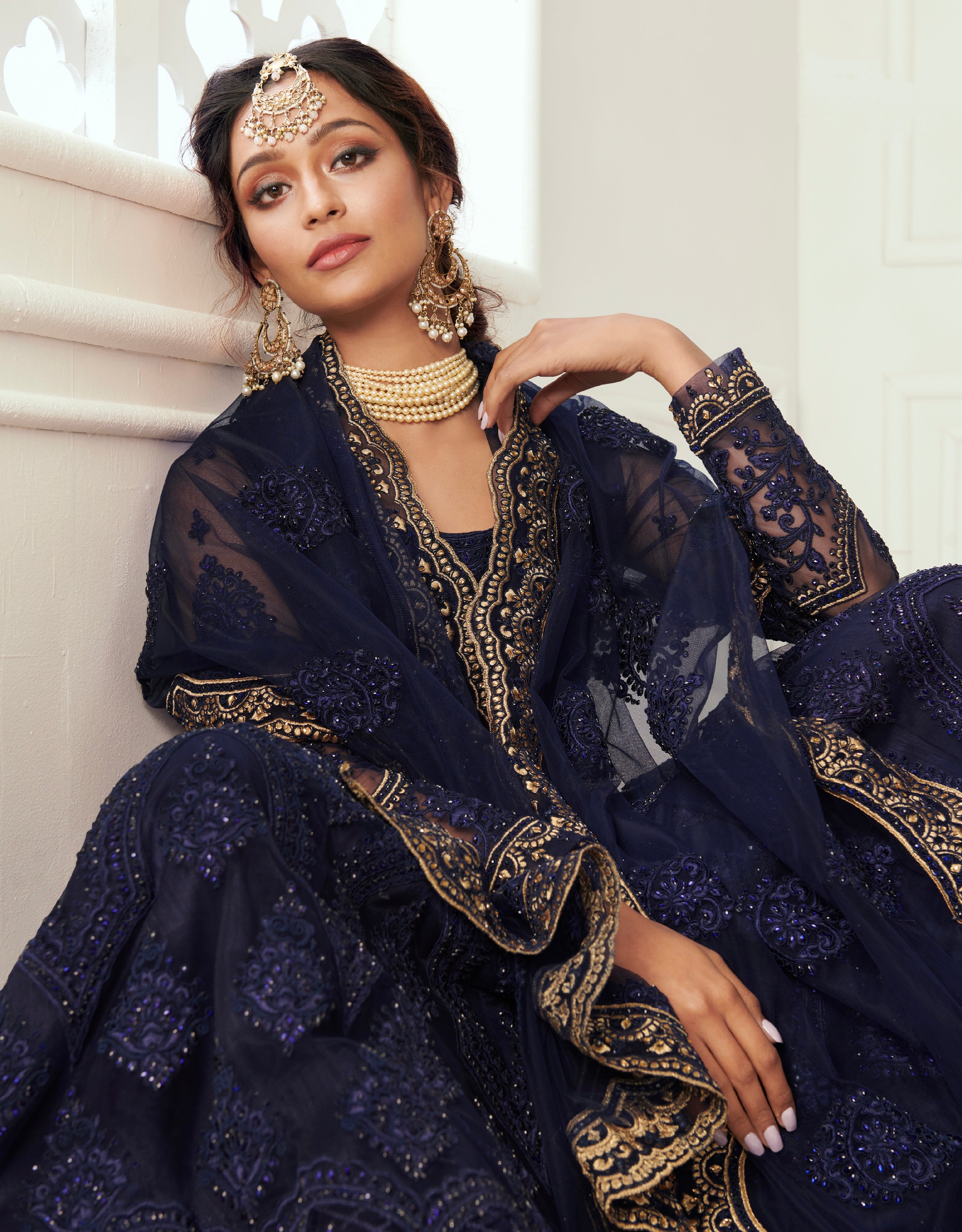 Deep Blue Net Lehenga Set with Zari Embroidery &amp; Heavy Can-Can
