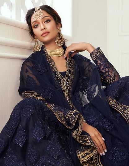 Deep Blue Net Lehenga Set with Zari Embroidery &amp; Heavy Can-Can