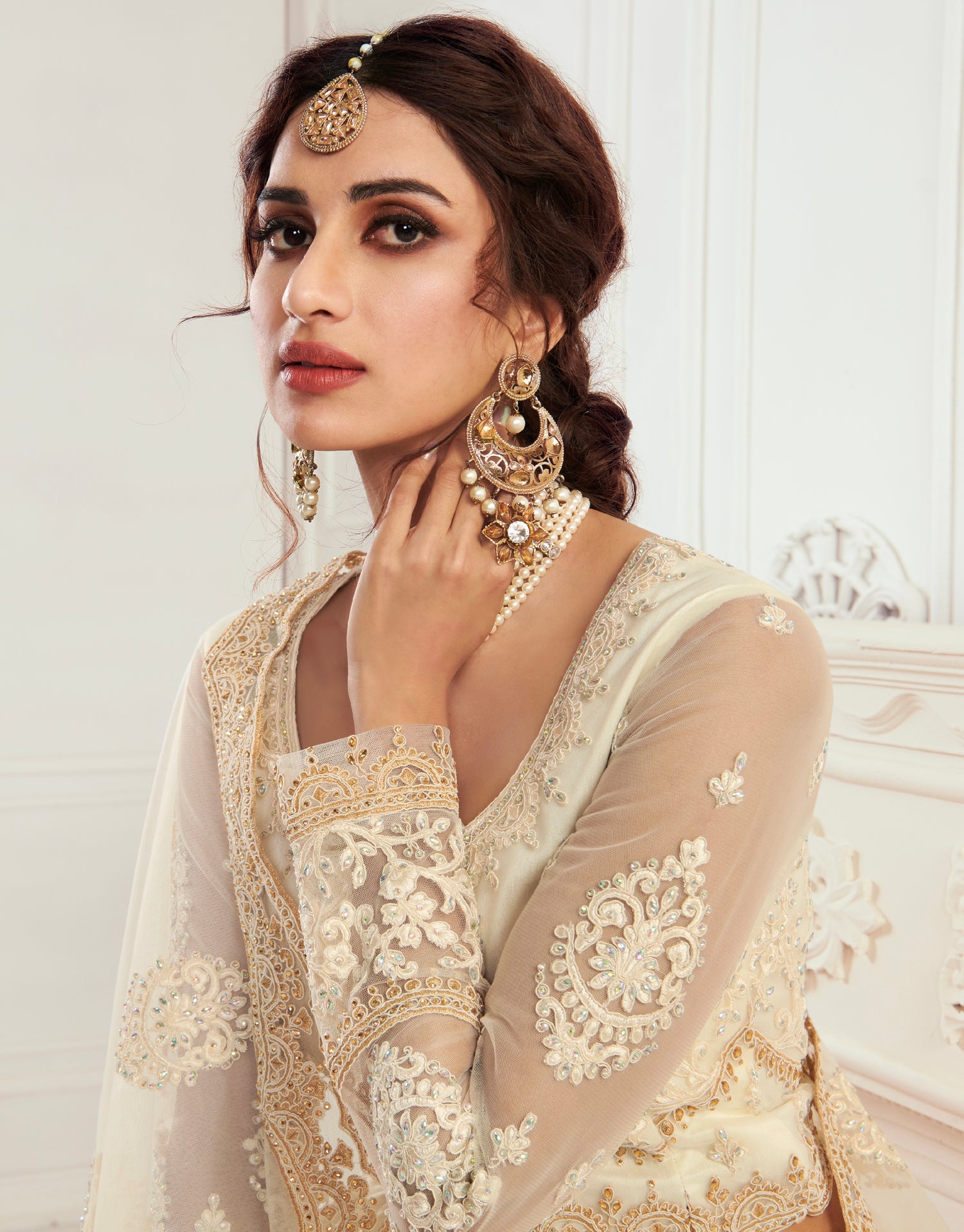 White Net Bridal Lehenga with Balda Embroidery &amp; Dupatta