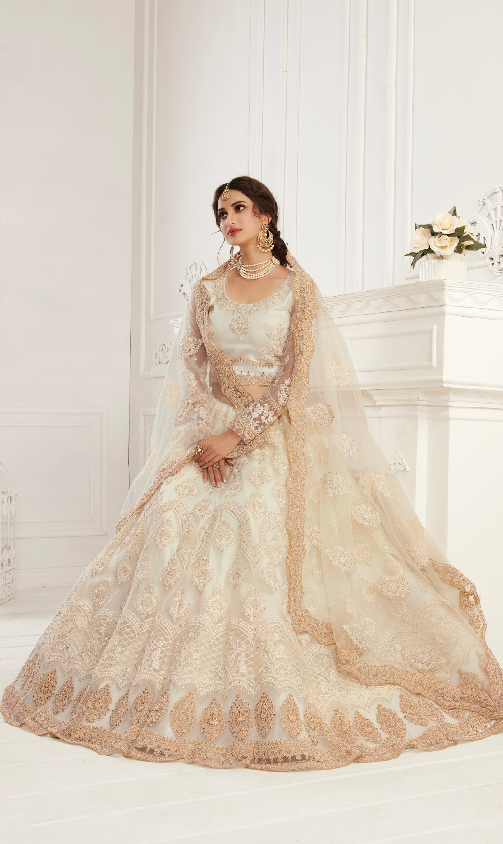 White Net Bridal Lehenga with Balda Embroidery &amp; Dupatta