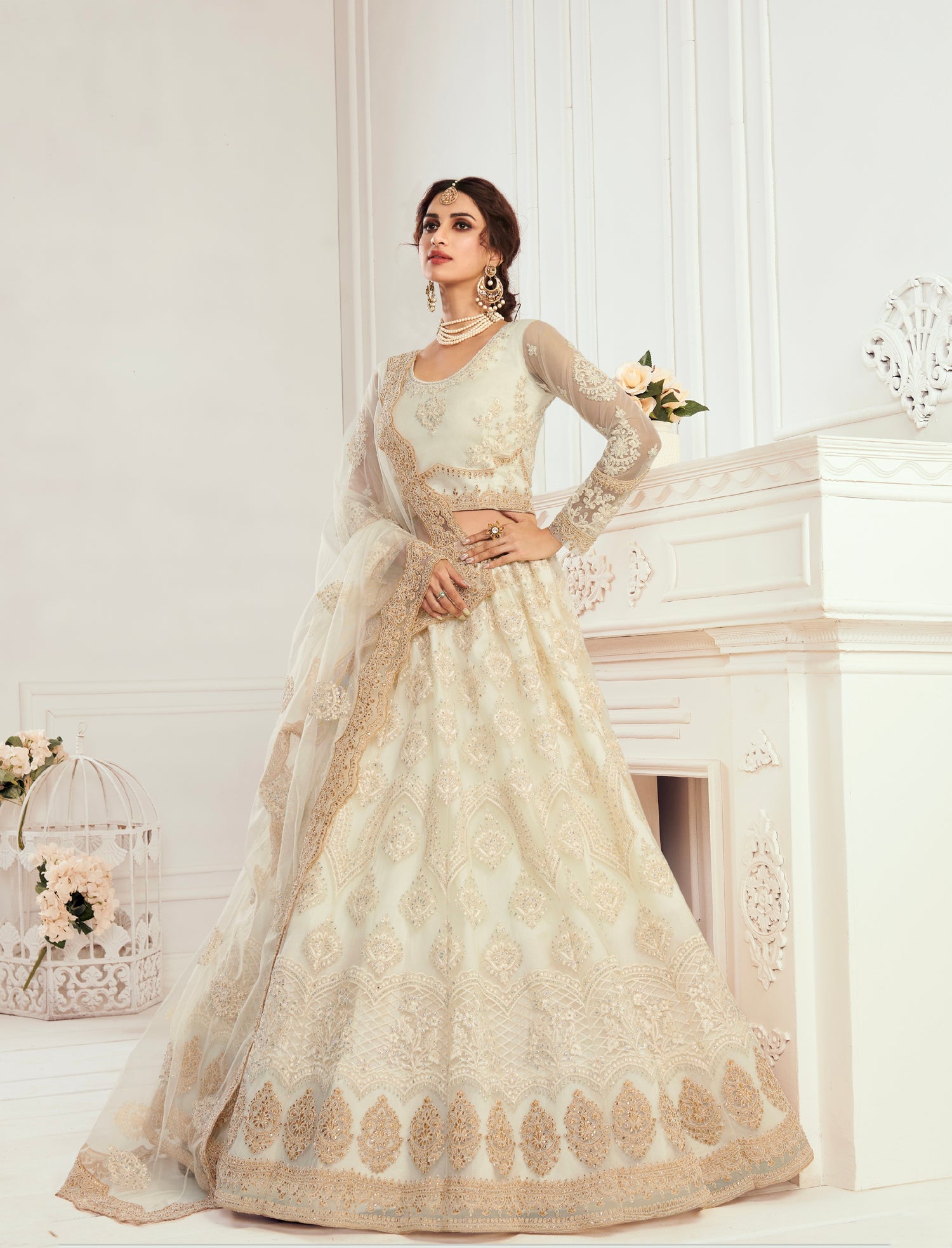 White Net Bridal Lehenga with Balda Embroidery &amp; Dupatta