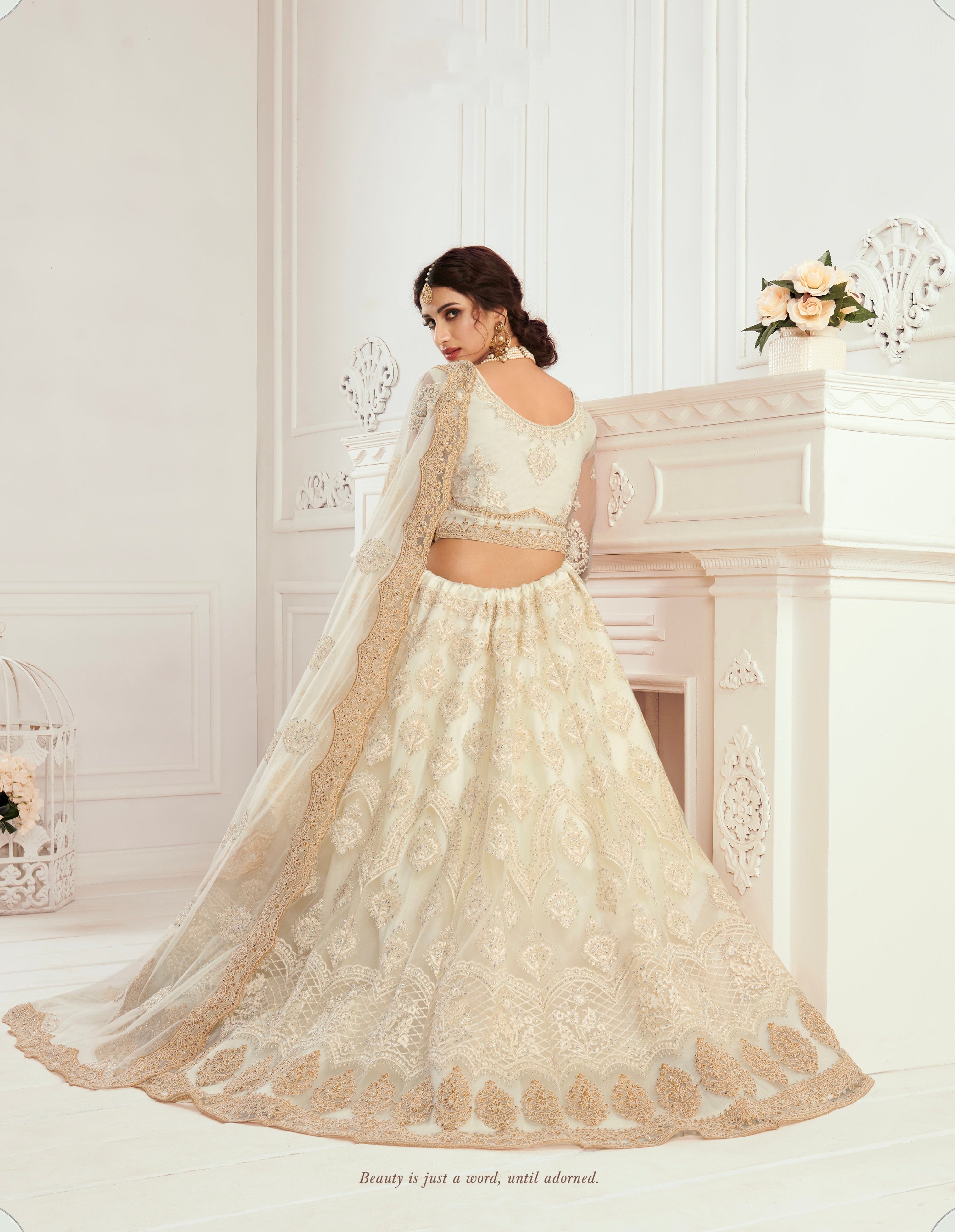 White Net Bridal Lehenga with Balda Embroidery &amp; Dupatta
