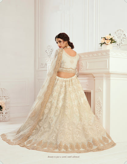 White Net Bridal Lehenga with Balda Embroidery &amp; Dupatta