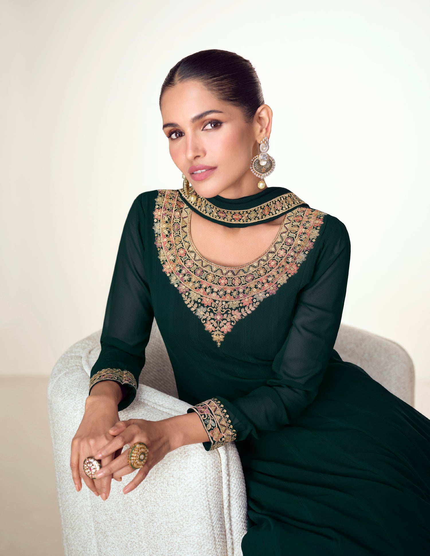 Dark Green Georgette Anarkali Suit with Exquisite Embroidery &amp; Dupatta