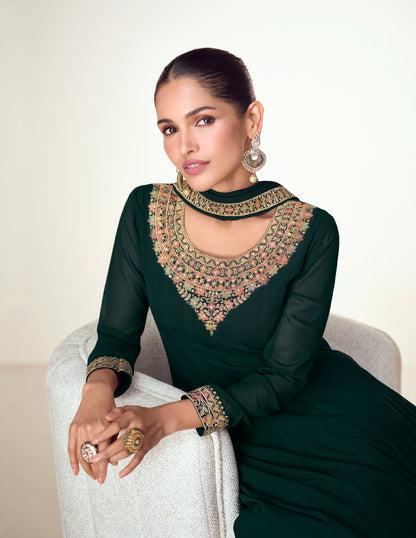 Dark Green Georgette Anarkali Suit with Exquisite Embroidery &amp; Dupatta