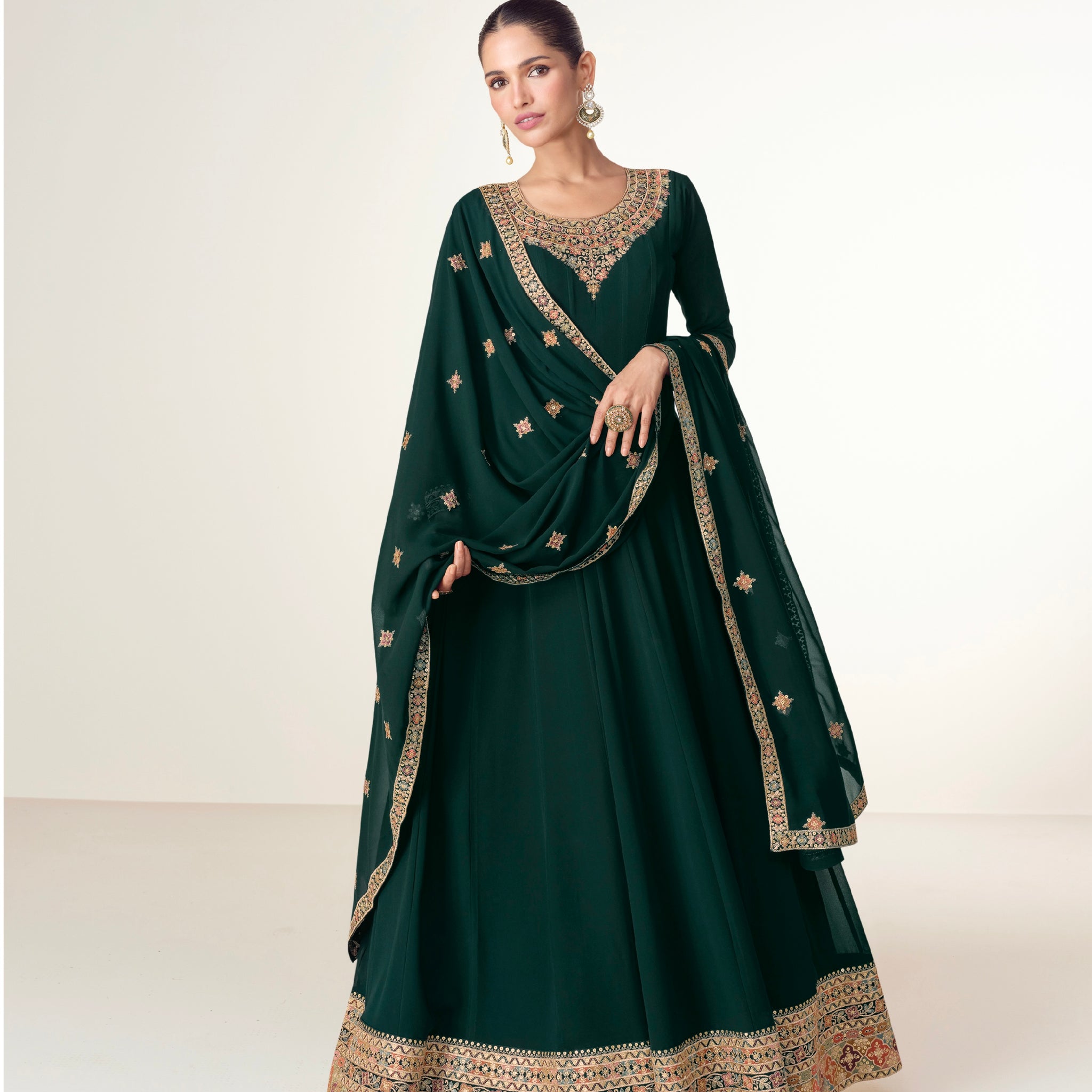 Dark Green Georgette Anarkali Suit with Exquisite Embroidery & Dupatta