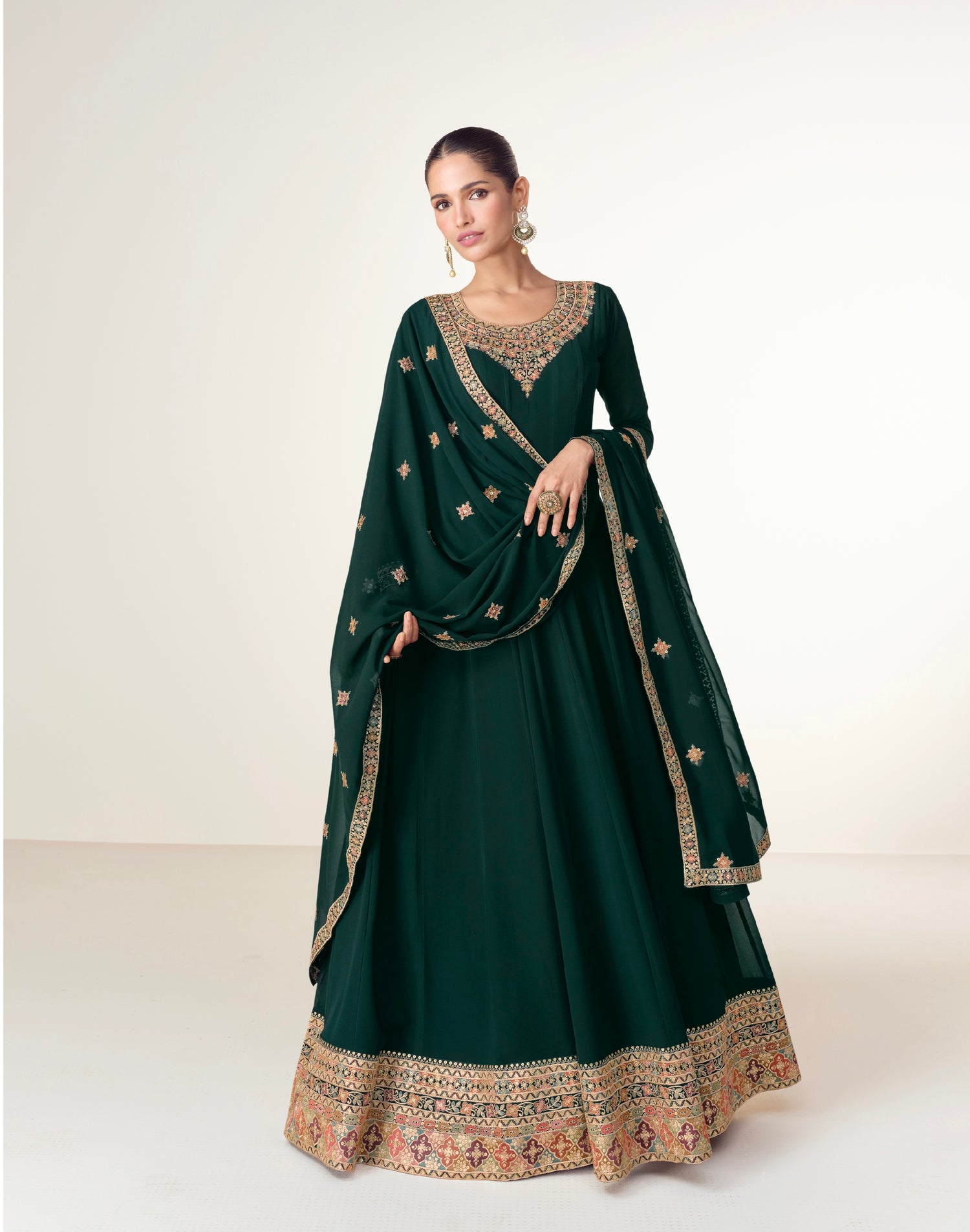 Dark Green Georgette Anarkali Suit with Exquisite Embroidery &amp; Dupatta