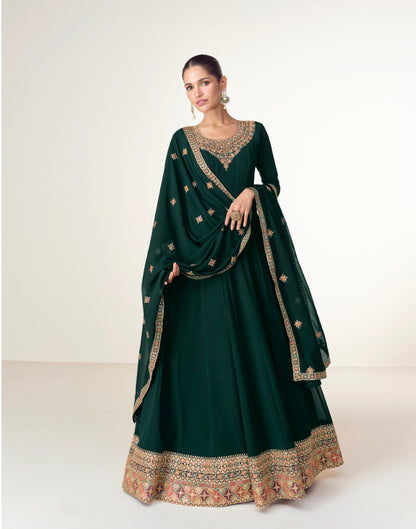 Dark Green Georgette Anarkali Suit with Exquisite Embroidery &amp; Dupatta