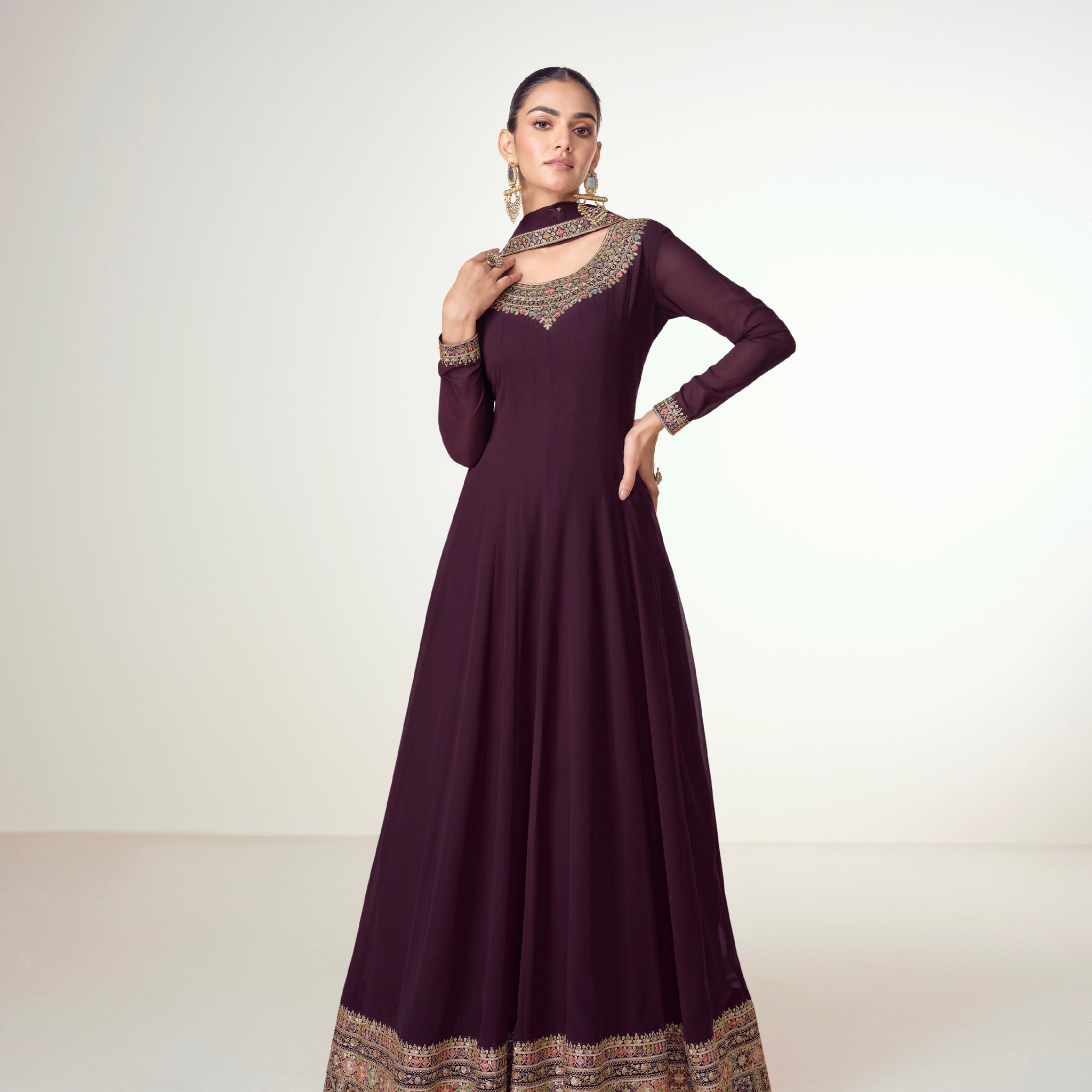 Plum Georgette Anarkali Suit with Embroidered Border & Flowing Dupatta